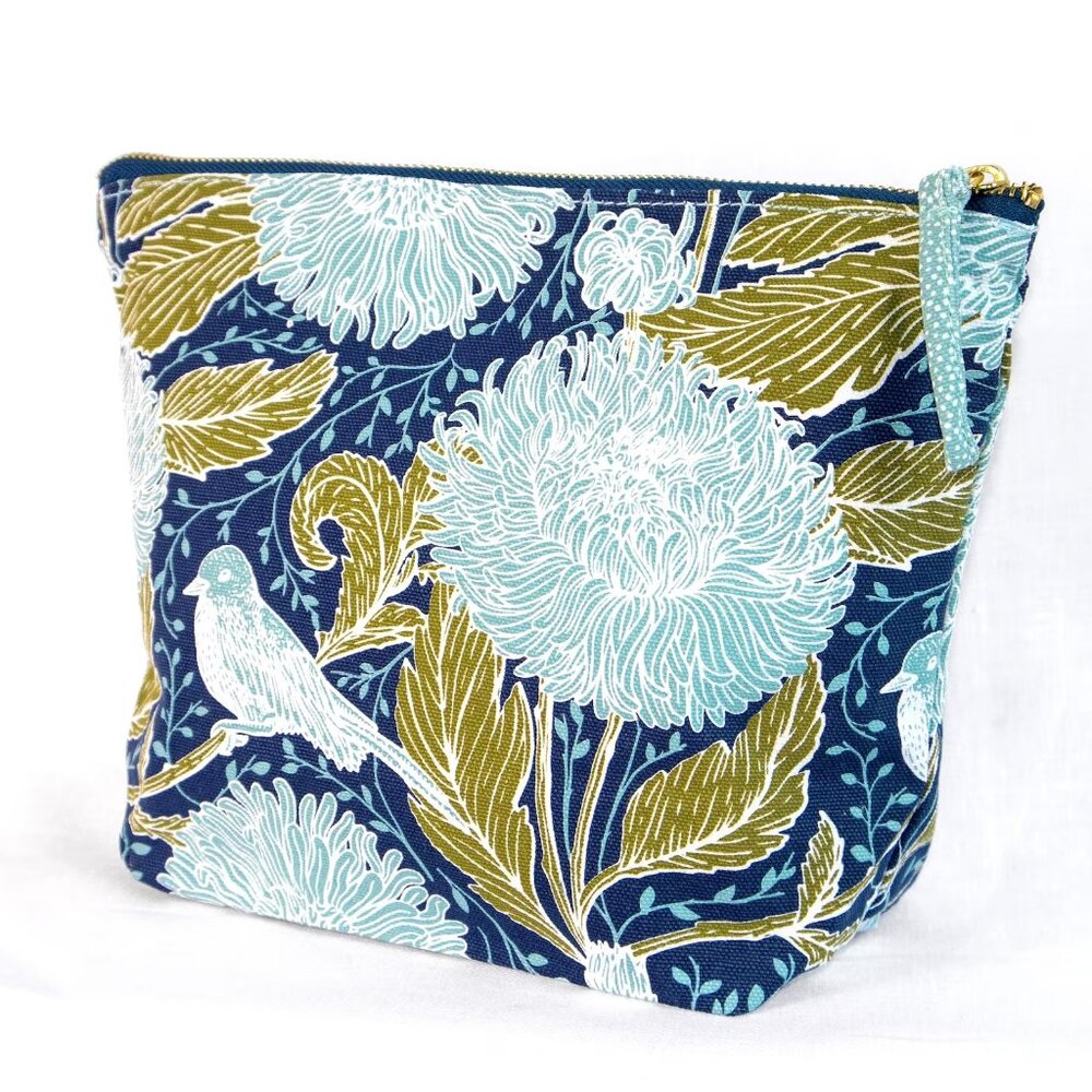 Floral Bird Natural Canvas Zipper Pouch • Blue Botanical Print • NWOT